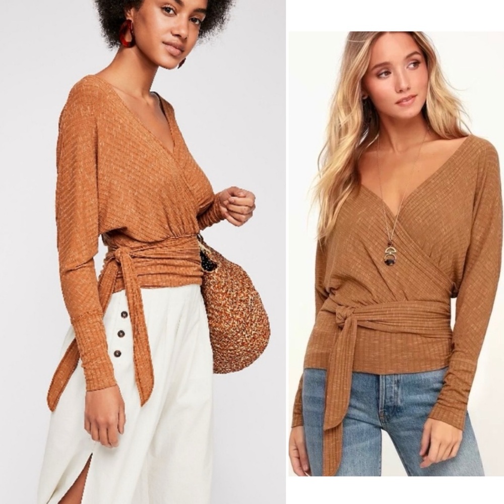 BOGO! Free People East Coast Ribbed Knit Wrap Sweater Top Tan Size XS - Picture 8 of 8